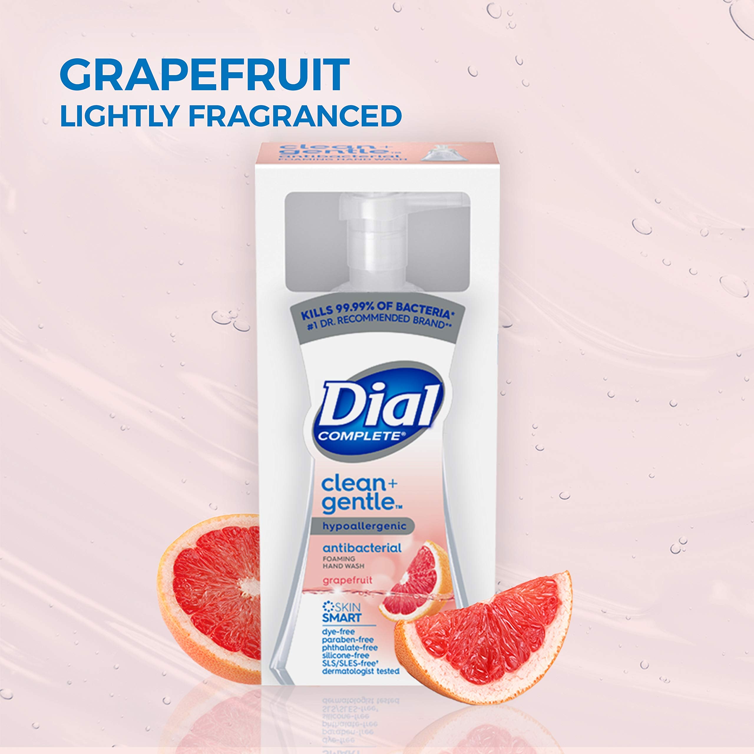 Dial Complete Clean + Gentle vegan and pH-balanced formula shown on packaging.