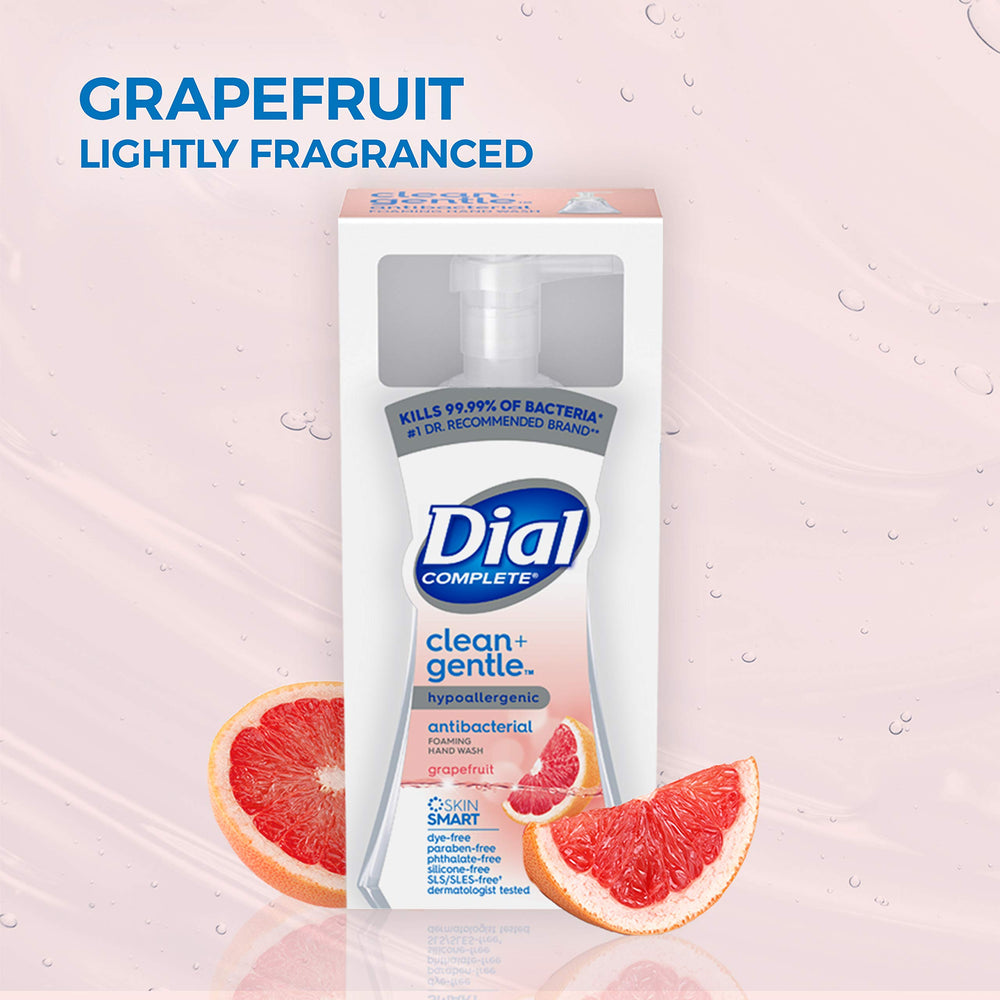 Dial Complete Clean + Gentle vegan and pH-balanced formula shown on packaging.