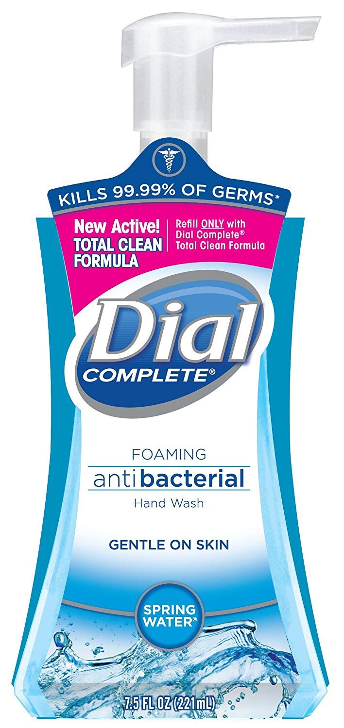 Close-up shows creamy foam texture of Dial Complete hand soap