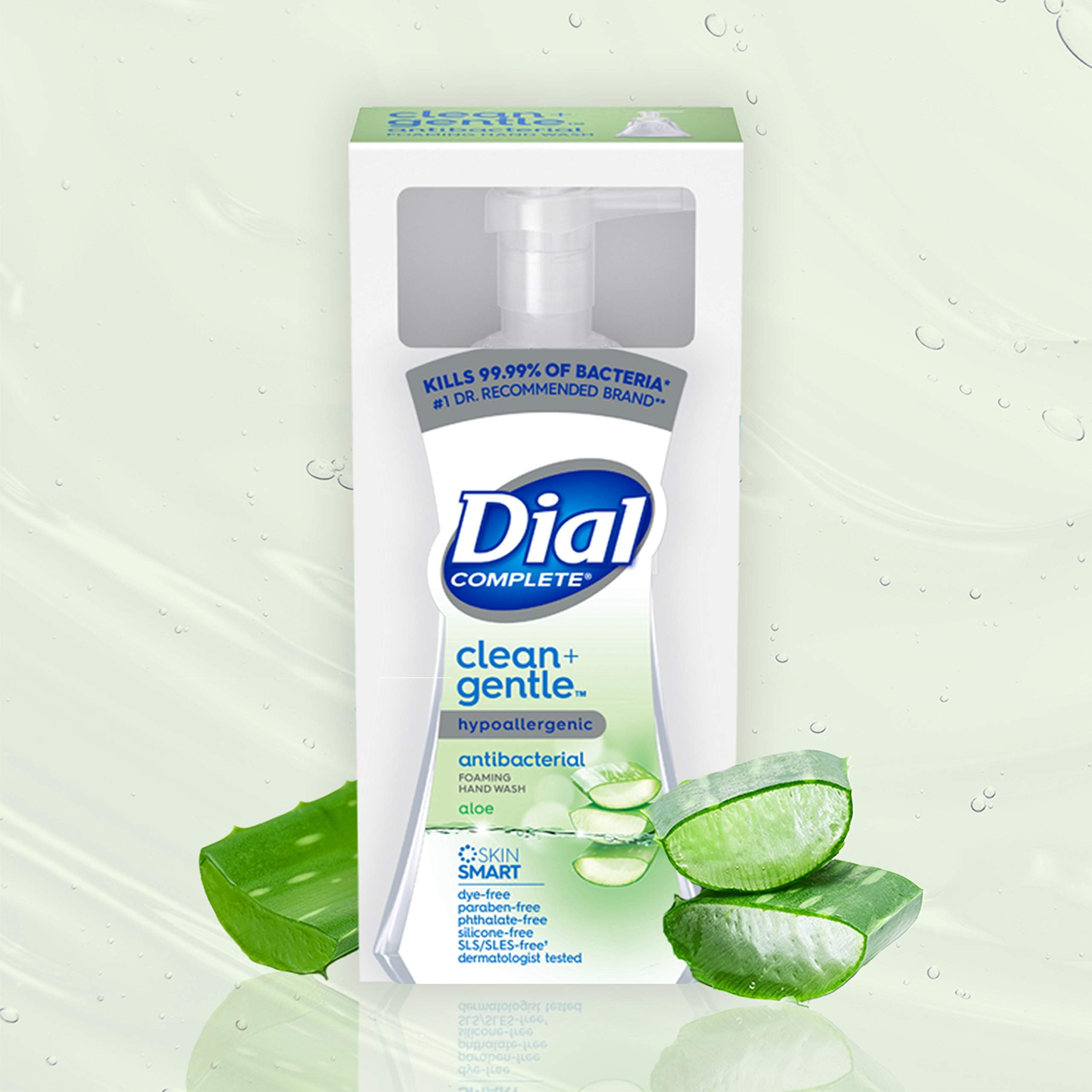 Dial Complete free-from dyes parabens phthalates silicones packaging close-up.