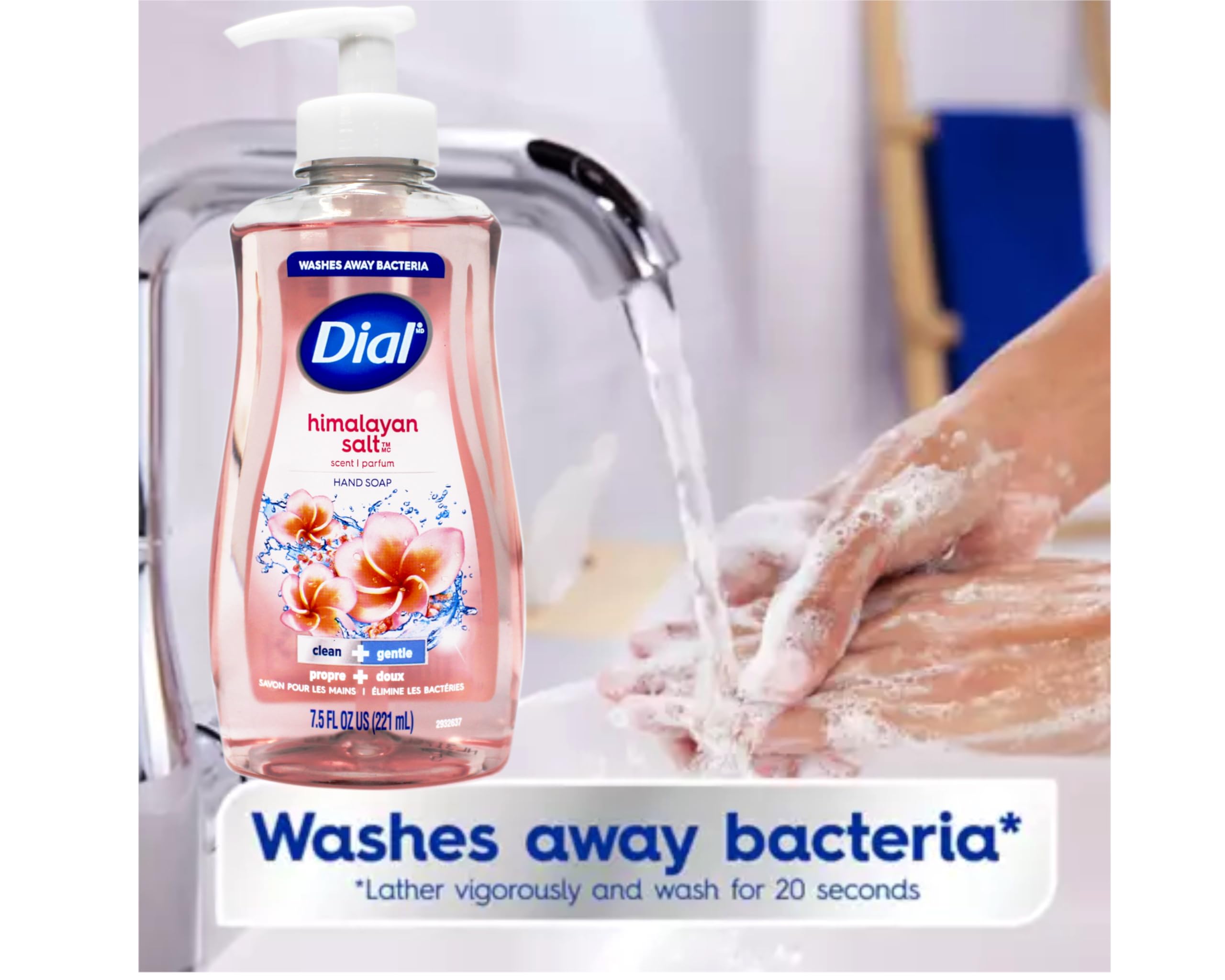 Dial Himalayan Pink Salt Water Lily hand soap pump dispensing a rich, quick lather for hands
