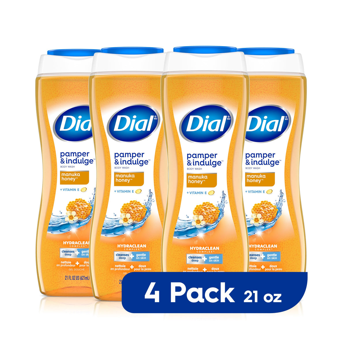 Dial Manuka Honey Body Wash bottle shows luxurious cleansing and soft skin promise