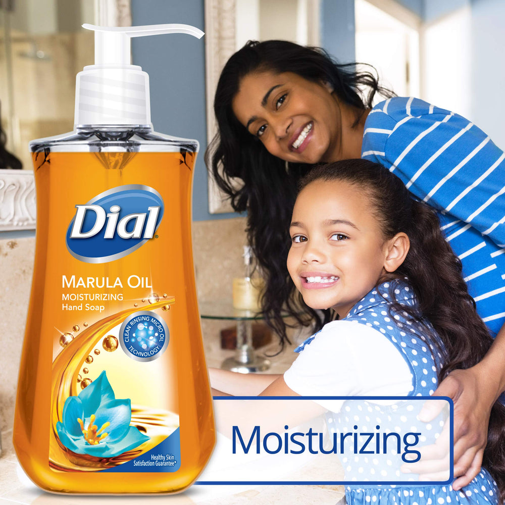 Dial Marula Oil hand soap pump dispensing a gentle cleansing stream