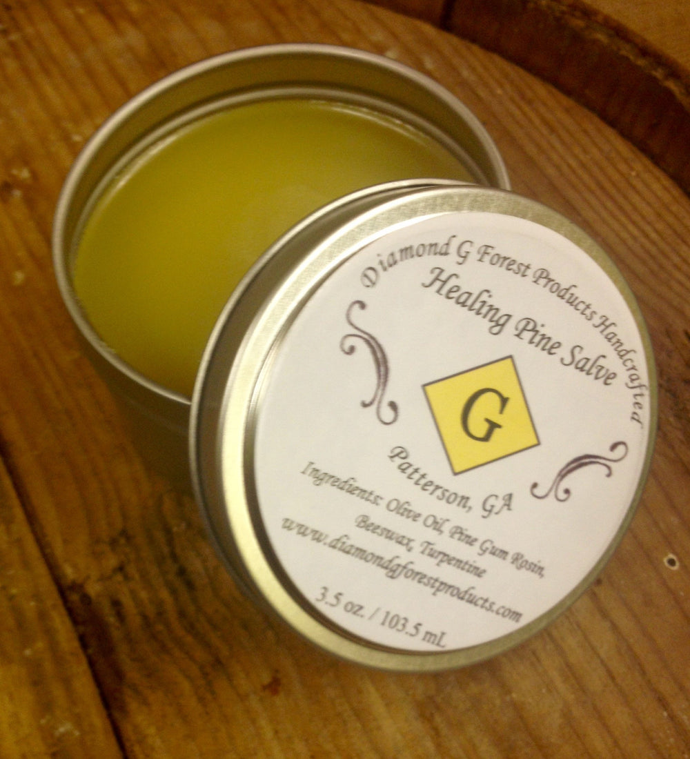 Diamond Healing Pine Salve label detail shows all-natural ingredients for clean skincare.