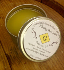 Diamond Healing Pine Salve label detail shows all-natural ingredients for clean skincare.