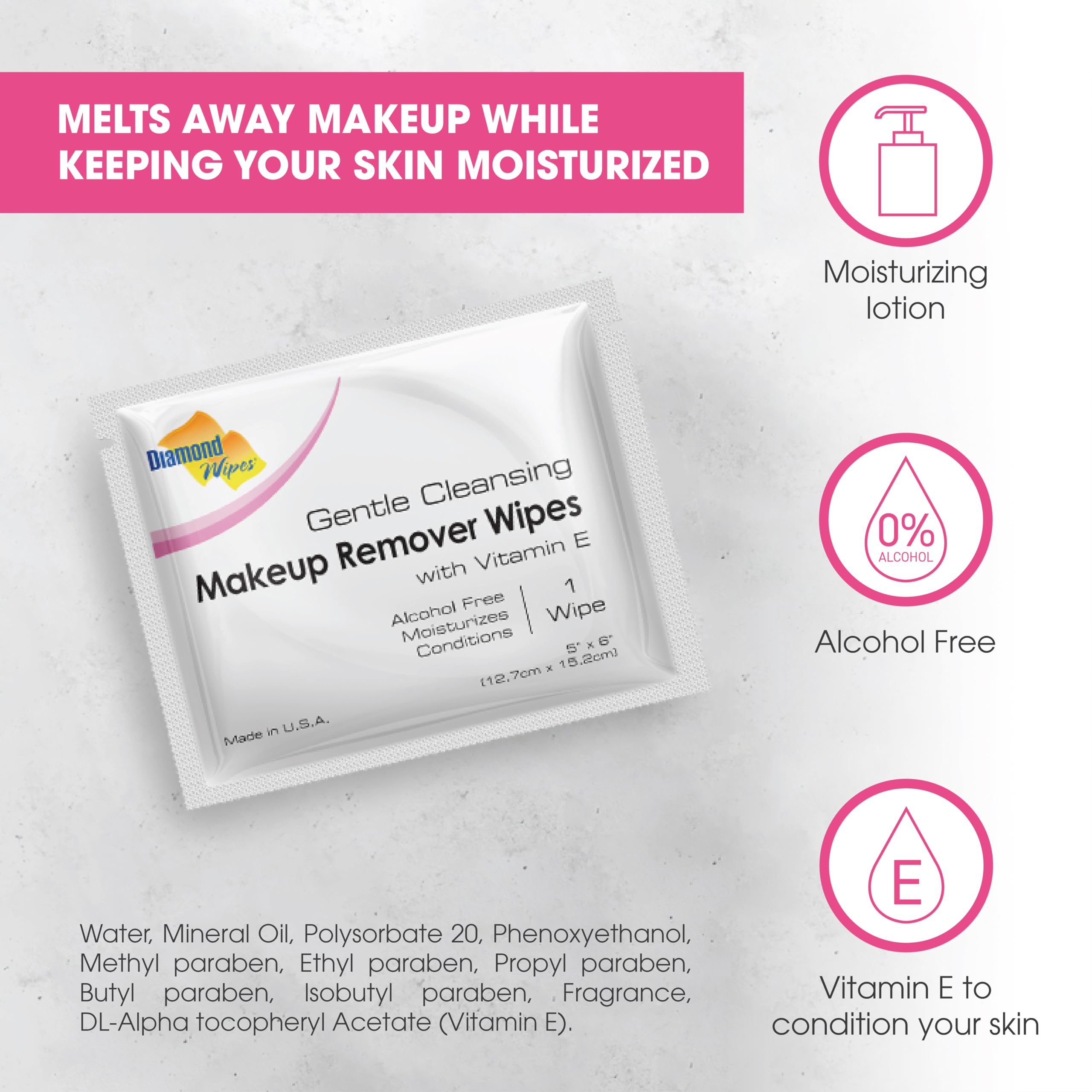 Diamond Wipes alcohol-free wipes with vitamin E for nourished skin.