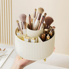 Diesisa 360° rotating makeup brush organizer on a vanity showing easy-access brushes.