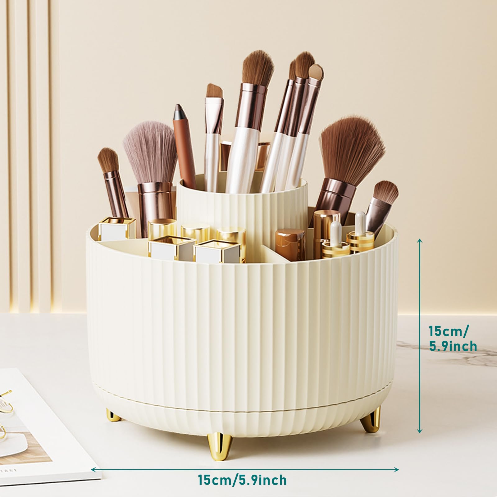 Diesisa compact space-saving makeup storage fitting on a desk or vanity.