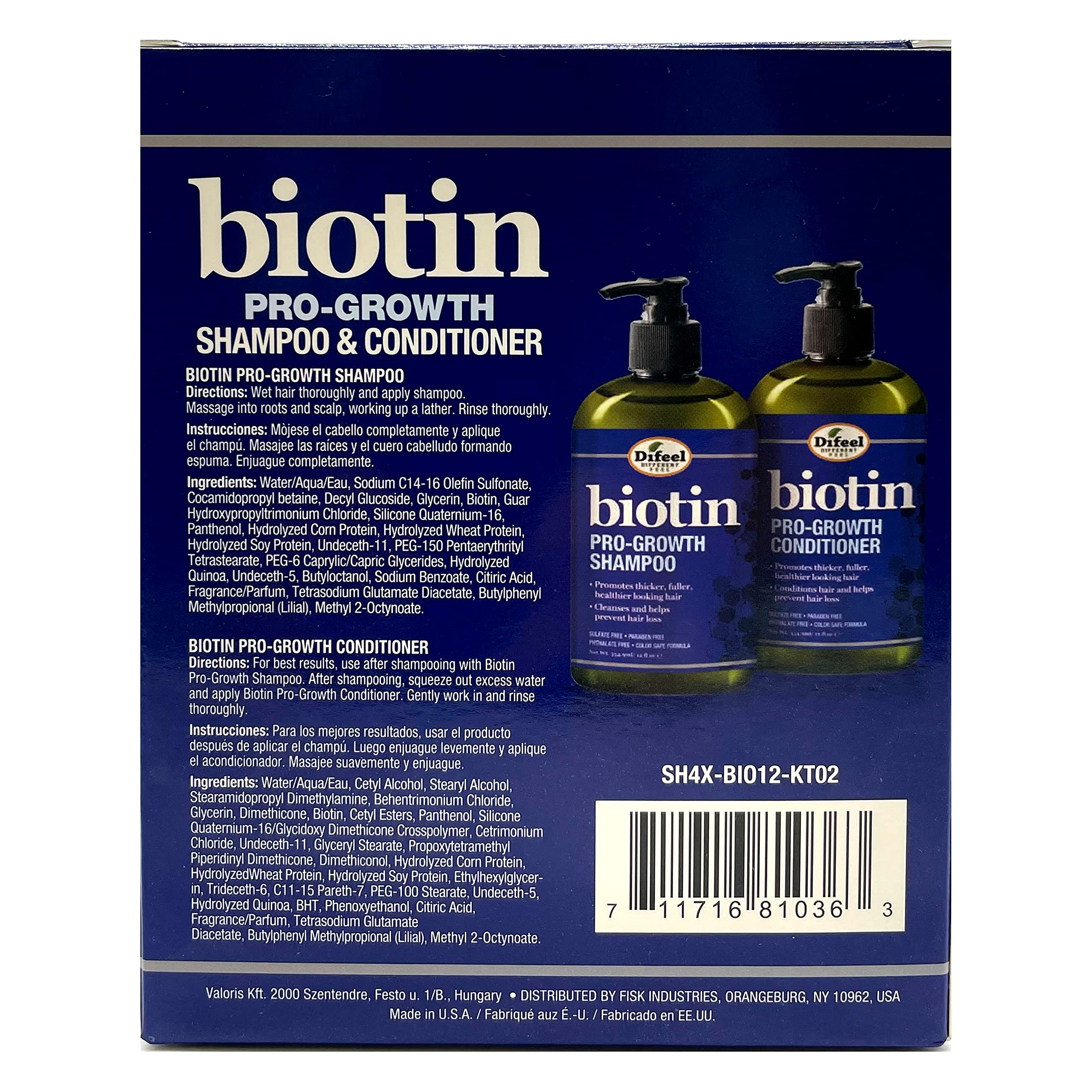 Difeel Pro-Growth Biotin Conditioner bottle shows fortifying biotin for fuller-looking hair.