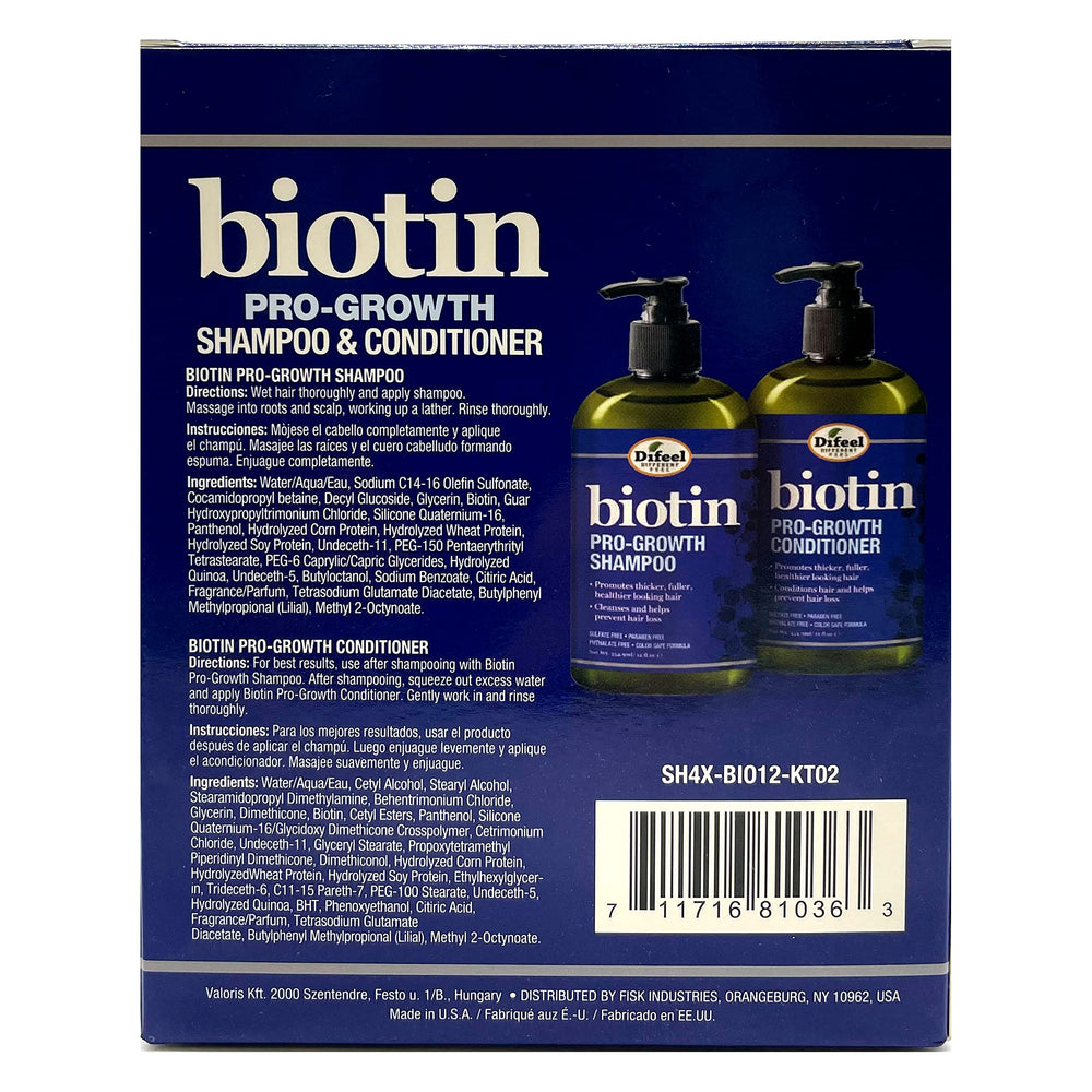 Difeel Pro-Growth Biotin Conditioner bottle shows fortifying biotin for fuller-looking hair.