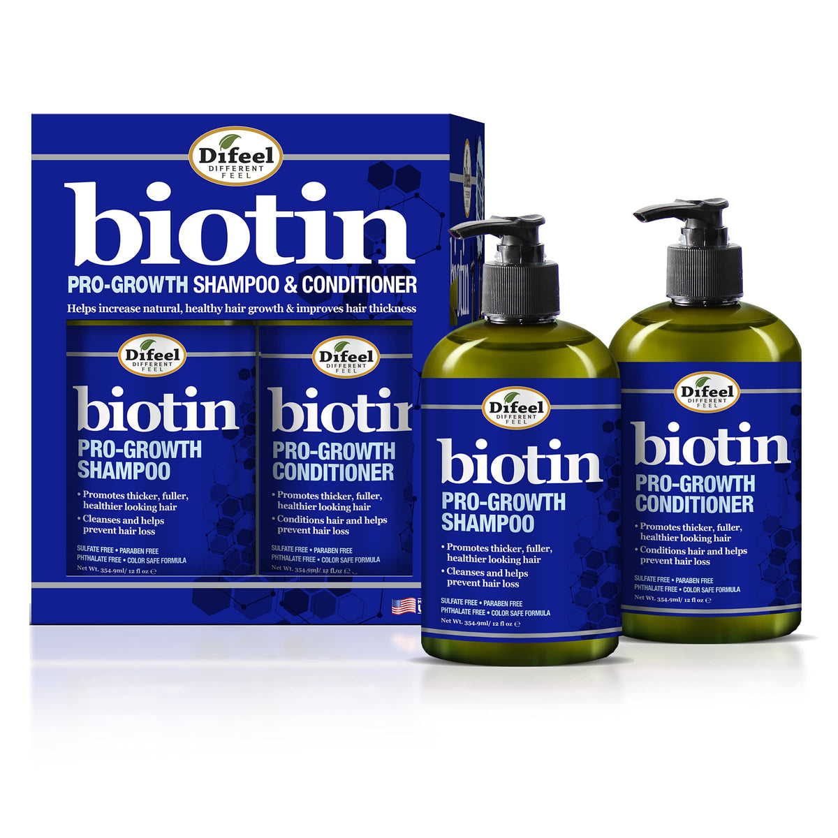 Difeel Pro-Growth Biotin Shampoo bottle shows sulfate-free cleansing for gentle care.