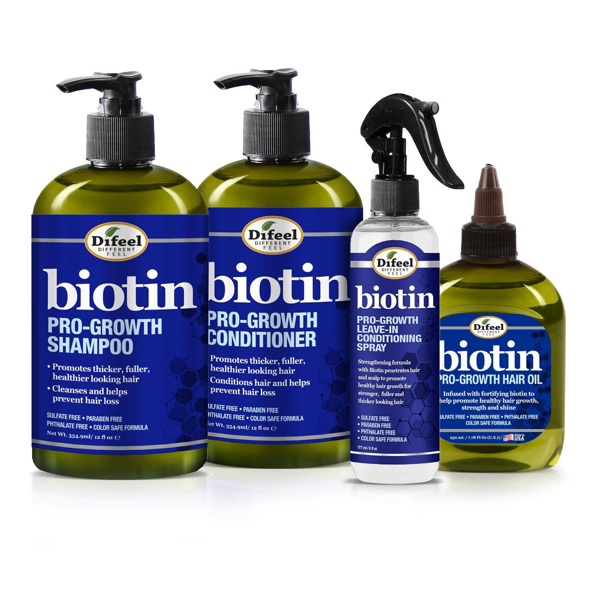 Difeel Biotin Pro-Growth Shampoo bottle demonstrates gentle cleansing for hair health.