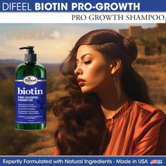 Difeel Pro-Growth Biotin Shampoo bottle pour angle highlights easy application for thinning hair.