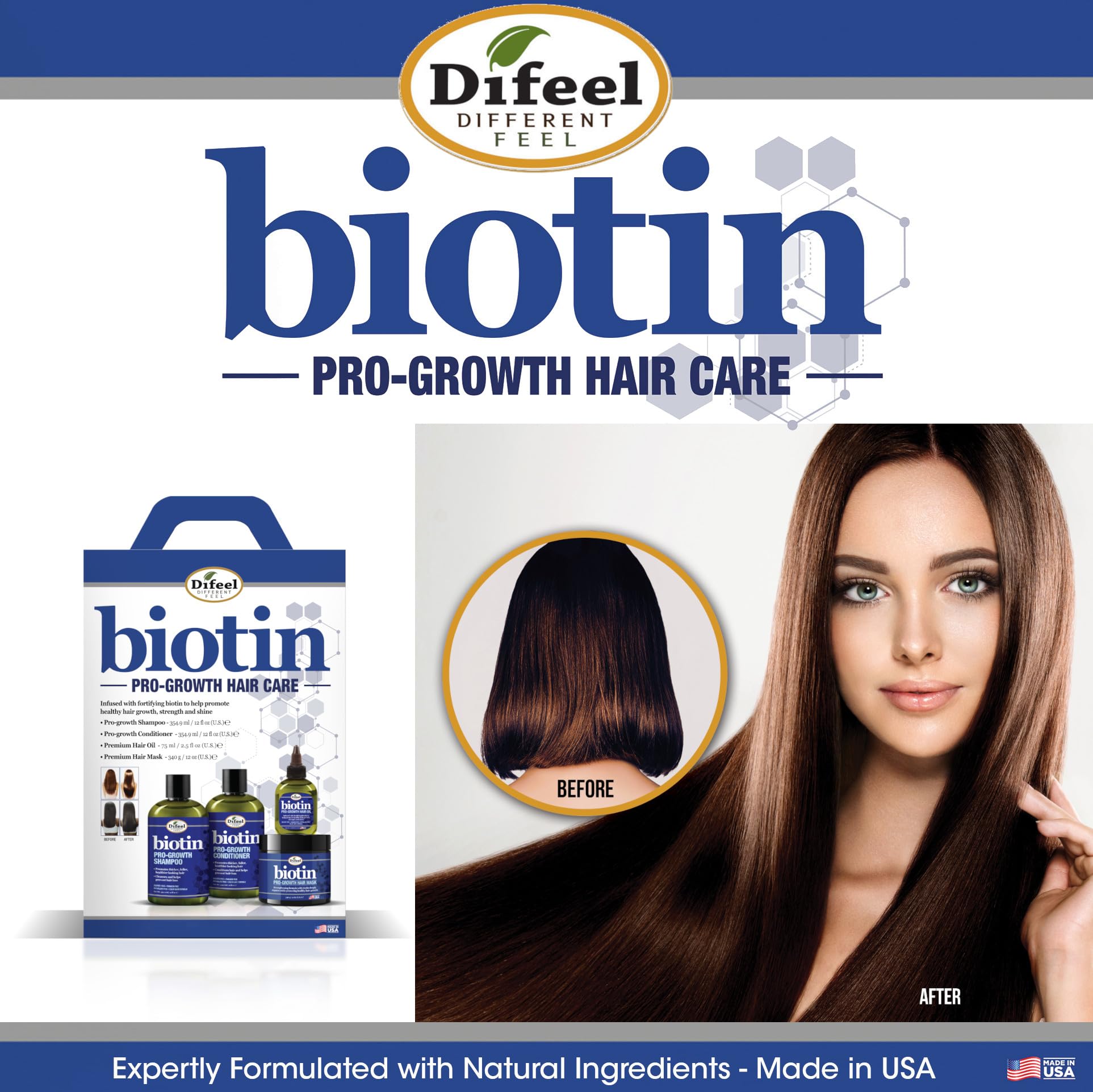 Difeel Pro-Growth Biotin Shampoo packaging closeup highlights bottle design and value.