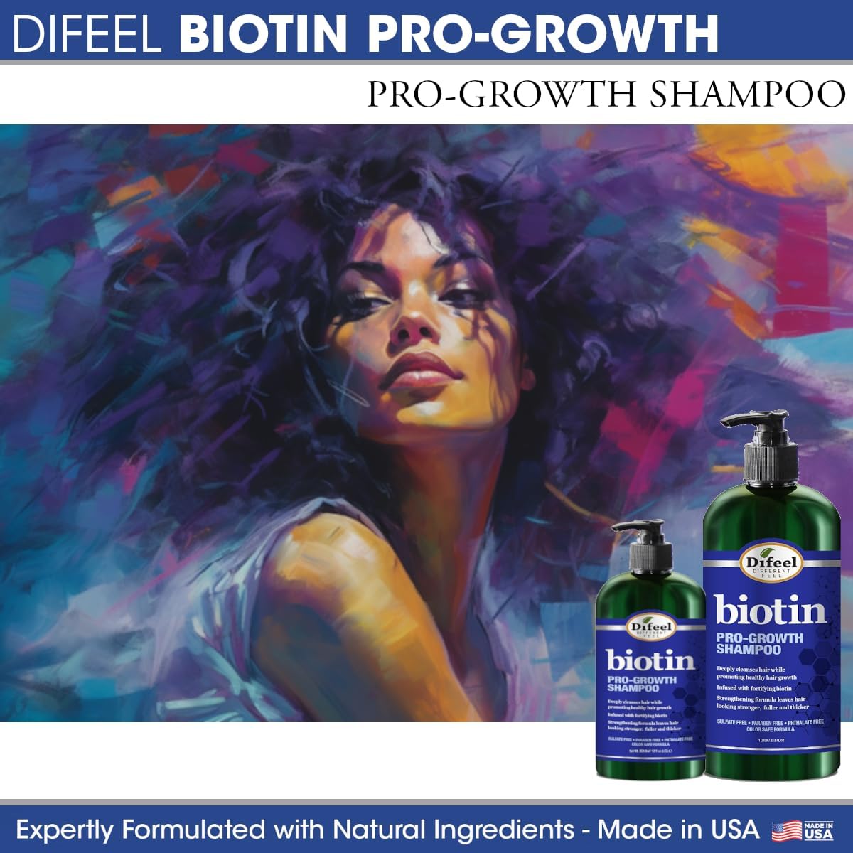 Difeel Pro-Growth Biotin Shampoo USA-made badge signals domestic production and quality.