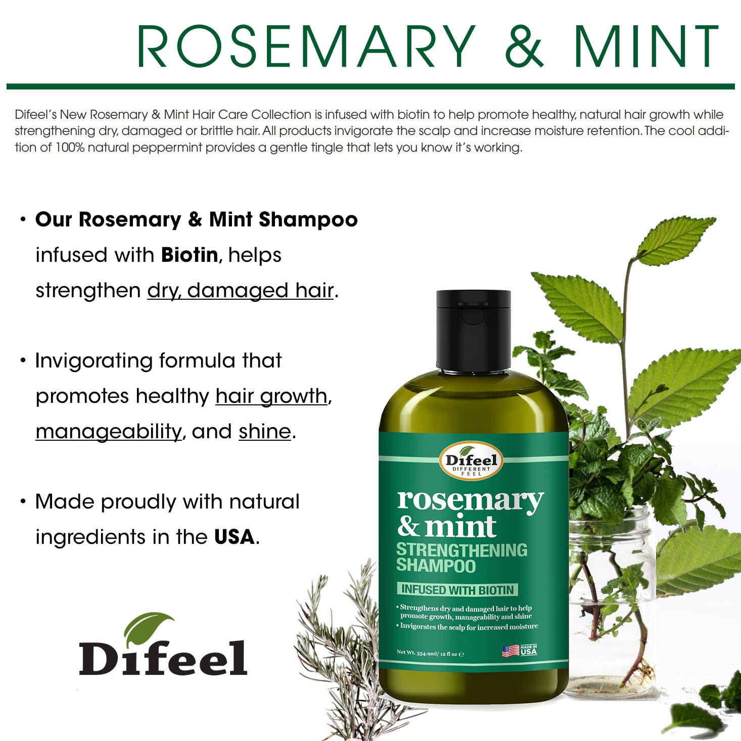 Difeel Rosemary Mint Conditioner bottle shows silky moisture for detangling.
