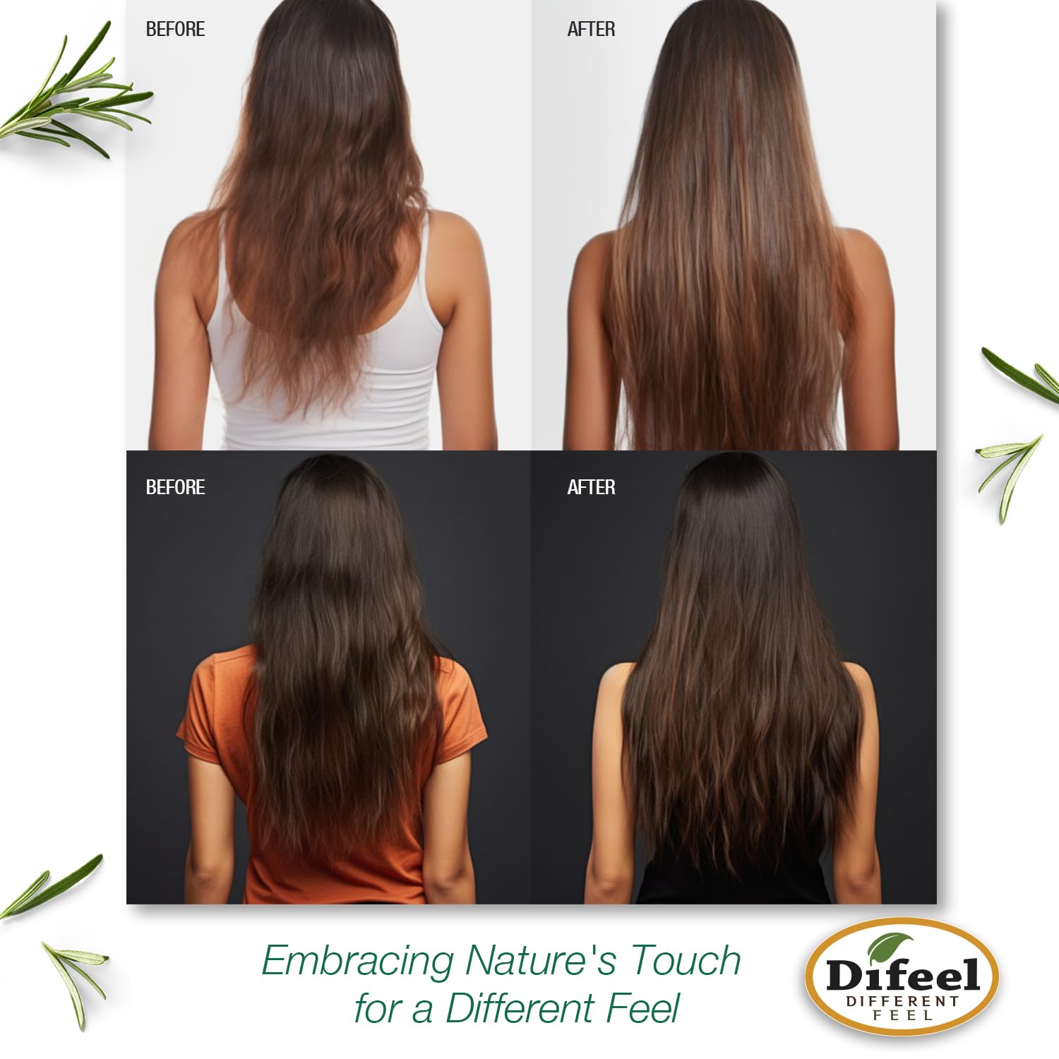 Difeel rosemary-mint conditioner label close-up highlights paraben-free, color-safe formula