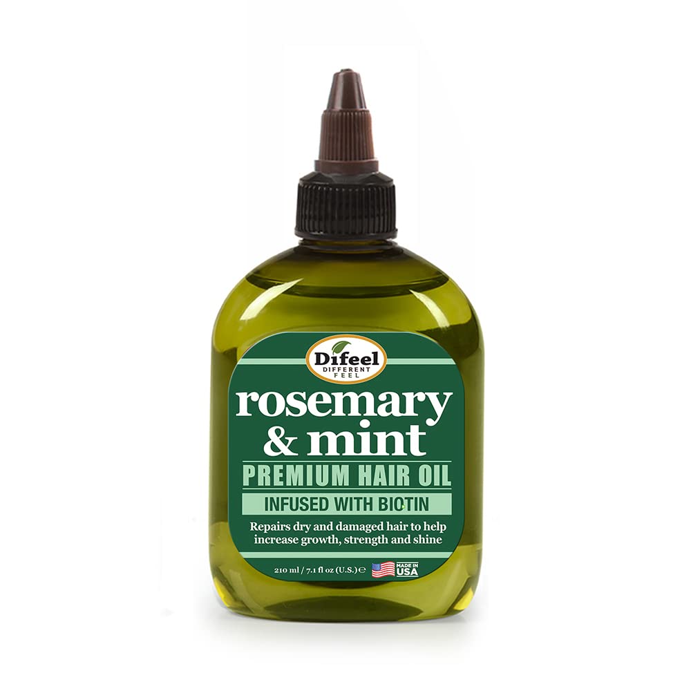 Difeel rosemary-mint hair oil packaging front highlights product identity and USA-made quality.