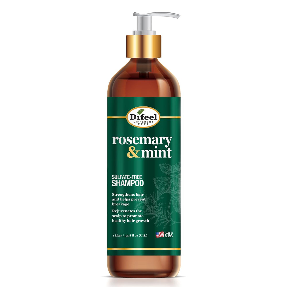 Difeel Rosemary Mint Shampoo bottle front view highlighting 33.8 oz size for easy at-home use.