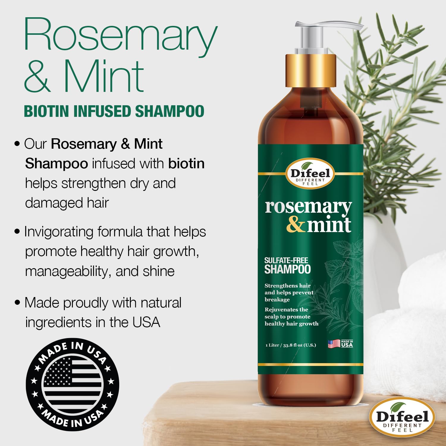 Difeel Rosemary Mint Shampoo bottle with leaves emphasizes natural ingredients for healthy hair care.
