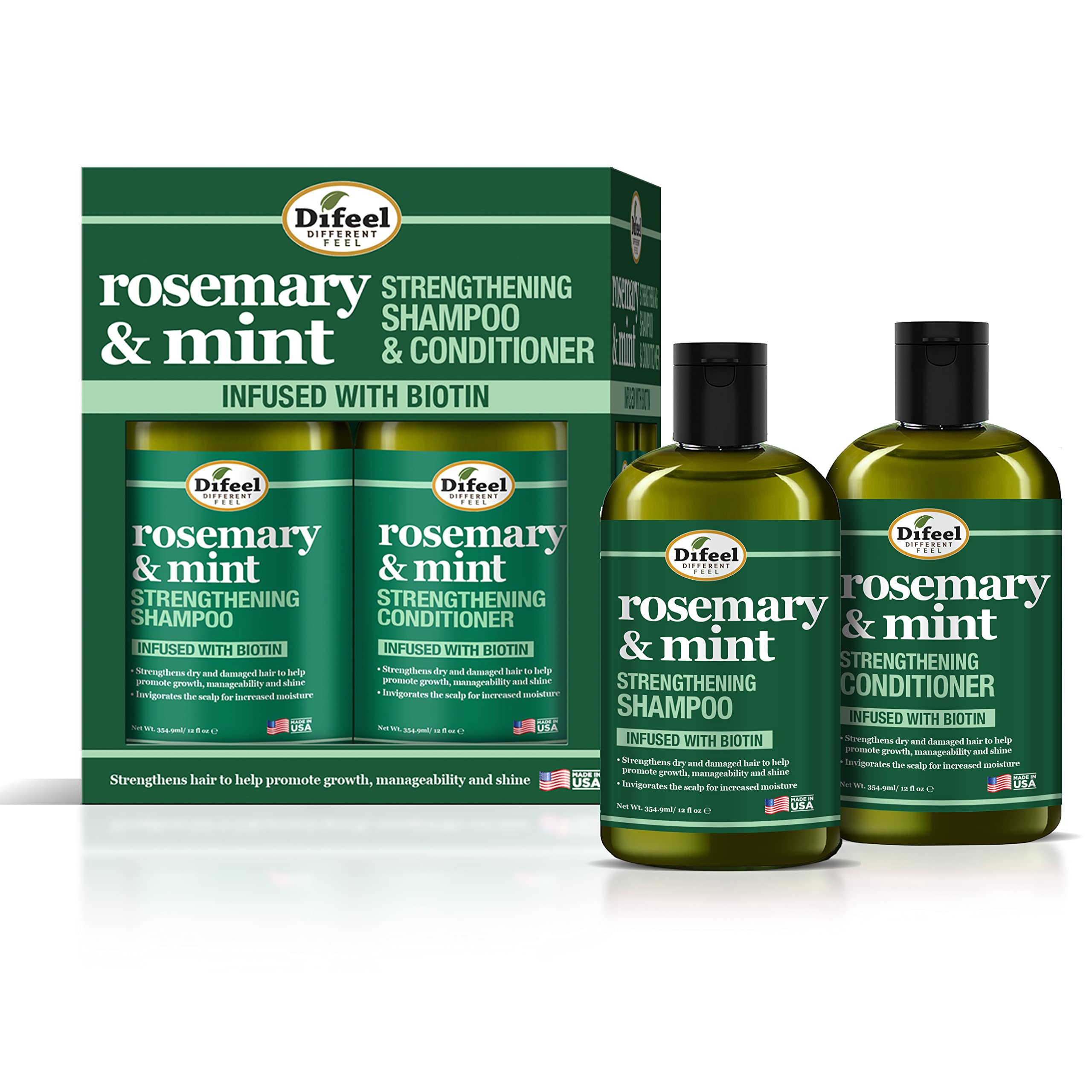 Difeel Rosemary Mint Shampoo bottle with refreshing scent supports scalp nourishment.