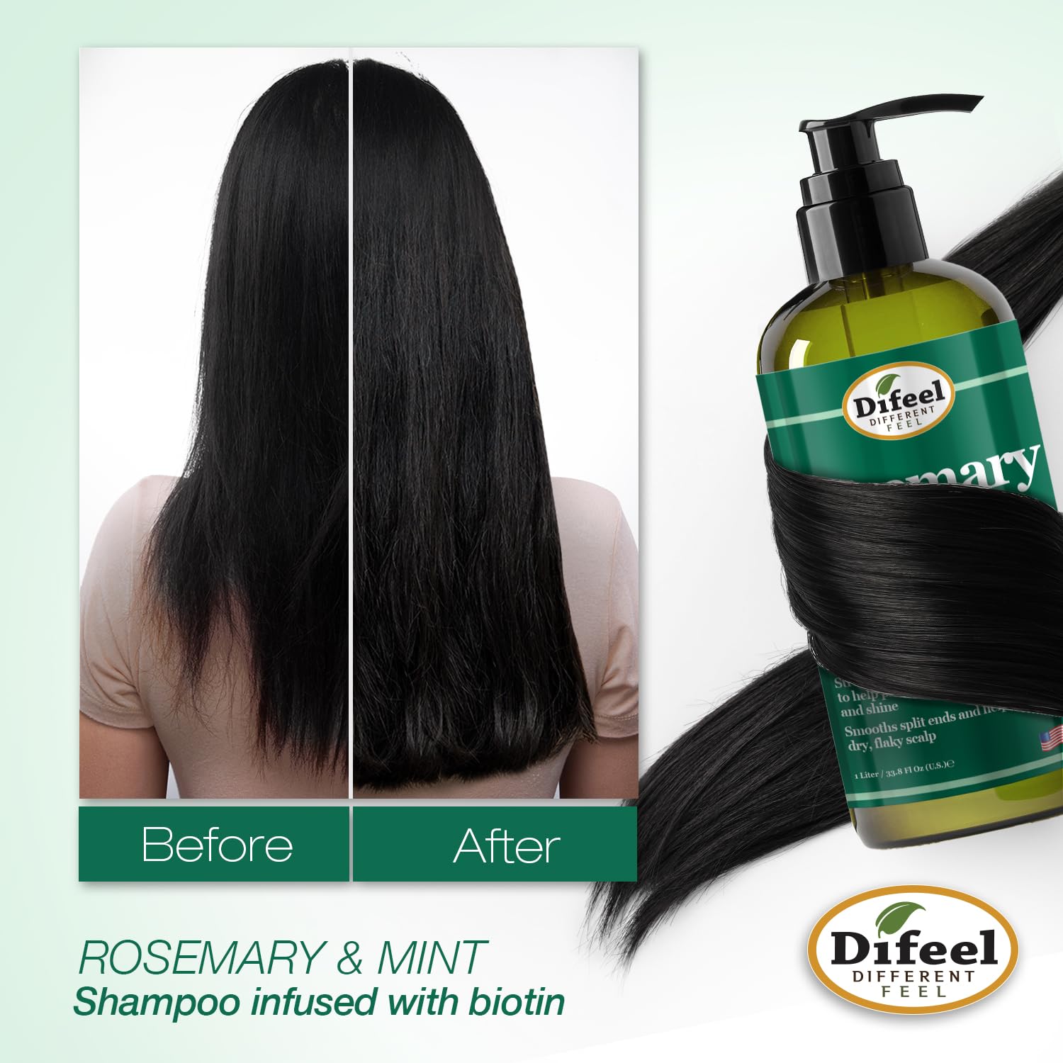 Difeel Rosemary Mint Shampoo ingredients image shows rosemary oil for scalp-friendly cleansing.