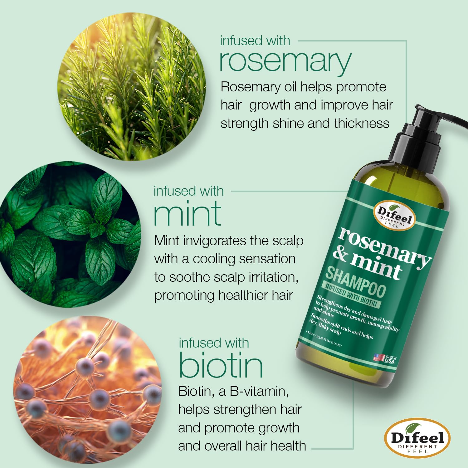 Difeel Rosemary Mint Shampoo lather closeup highlights rich foam for clean, refreshed strands.