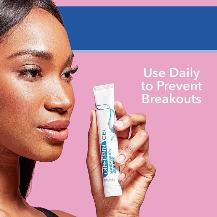 Differin Adapalene Gel packaging closeup highlights trusted Rx-strength formula.