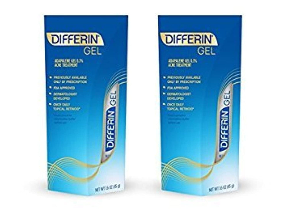 Differin Adapalene Gel twin-pack box shows long-lasting supply for routine acne care.