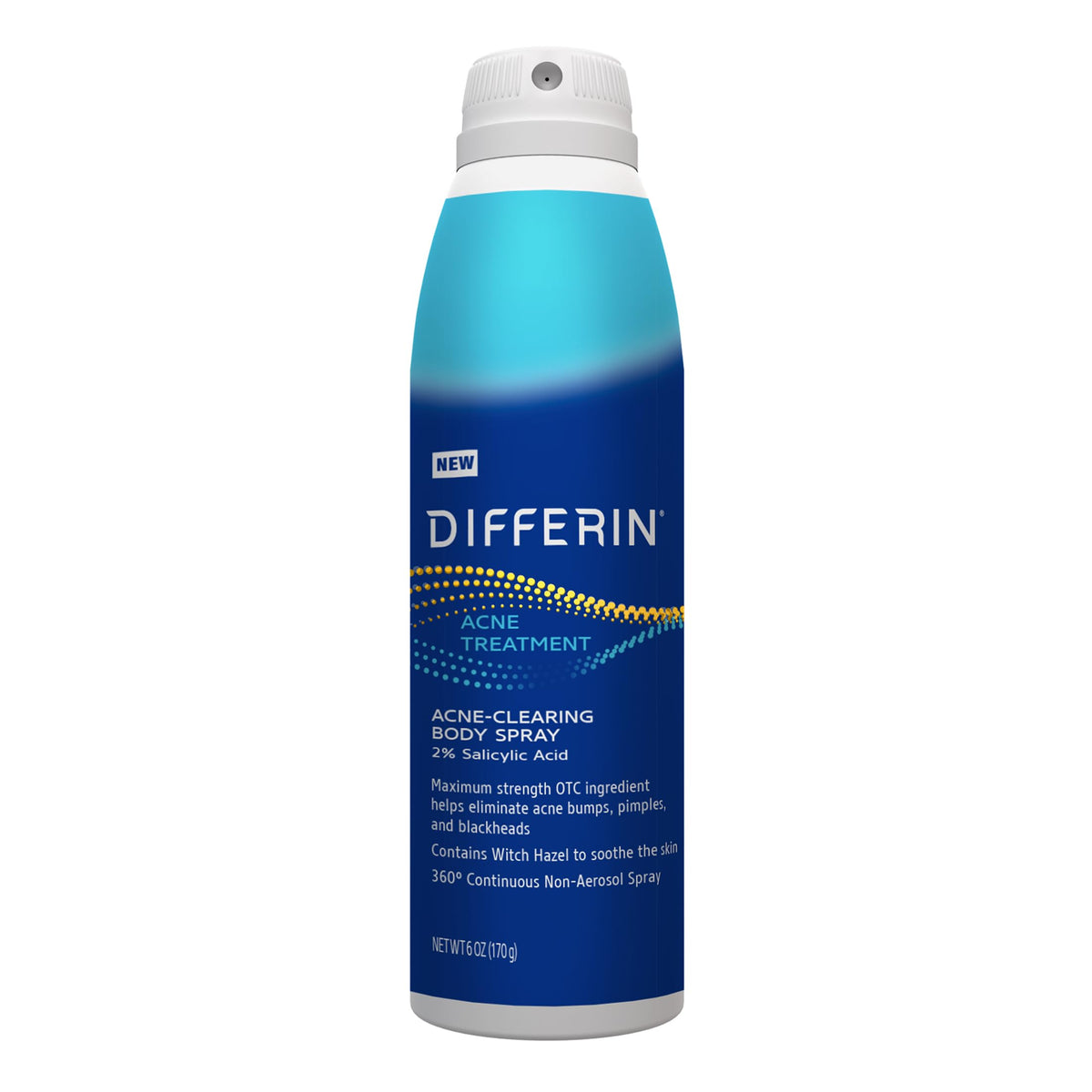 Differin body spray front packaging showing product and size, fast application benefit