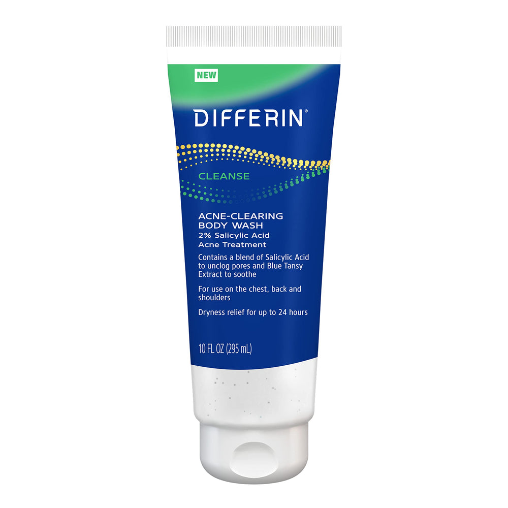 Differin body wash front packaging showing product and clear benefit