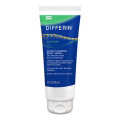 Differin body wash front packaging showing product and clear benefit