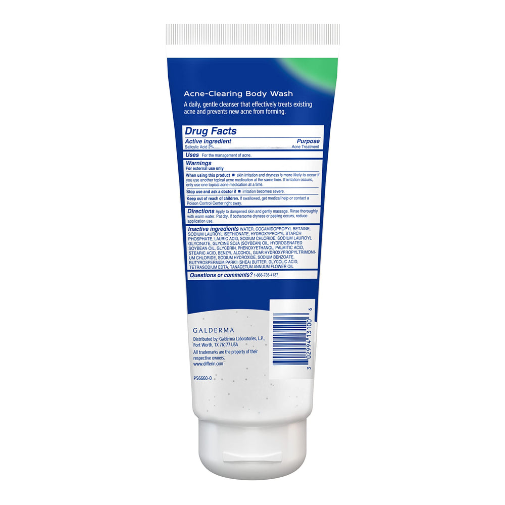 Differin body wash in shower setting illustrating daily acne care benefit