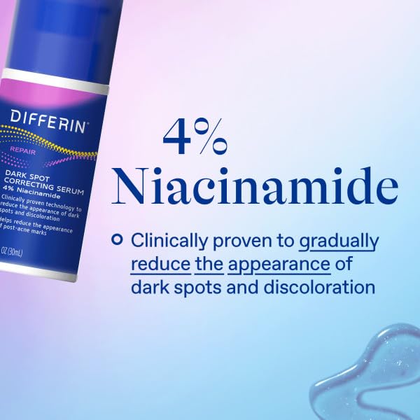 Differin Dark Spot Serum with sea buckthorn oil suggests soothing botanical support.