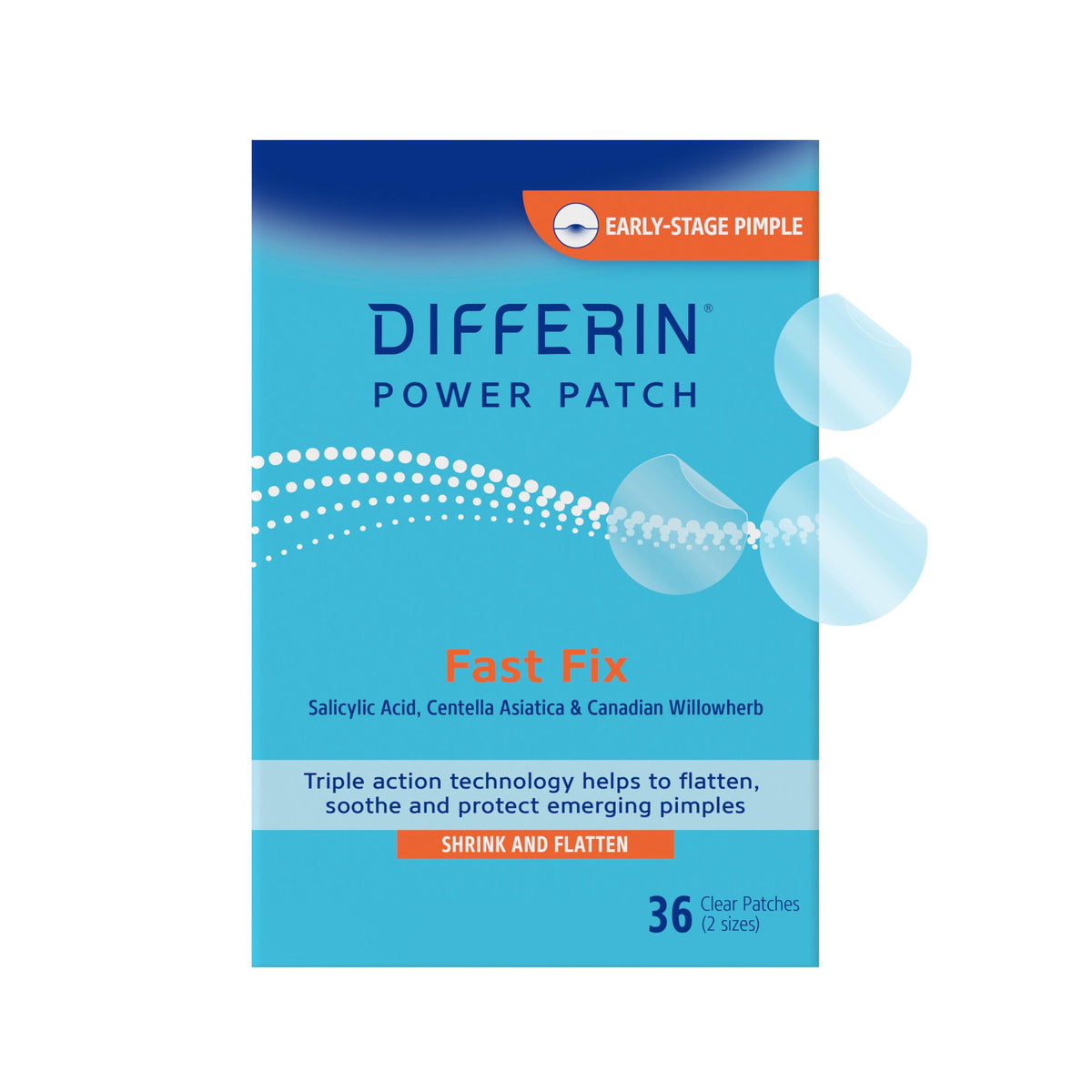 Differin box front packaging showing patches and branding for fast spot care
