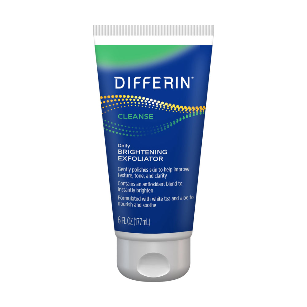Differin front packaging of daily brightening exfoliator showing product and benefit
