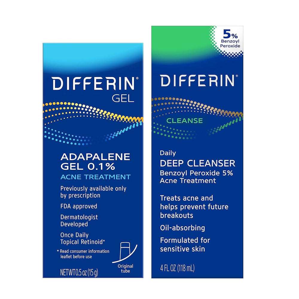 Differin kit front packaging showing both gel and cleanser and clear use benefits