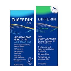 Differin kit front packaging showing both gel and cleanser and clear use benefits