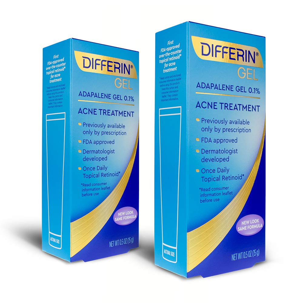 Differin front packaging showing two 0.5 oz tubes and clear acne treatment benefits