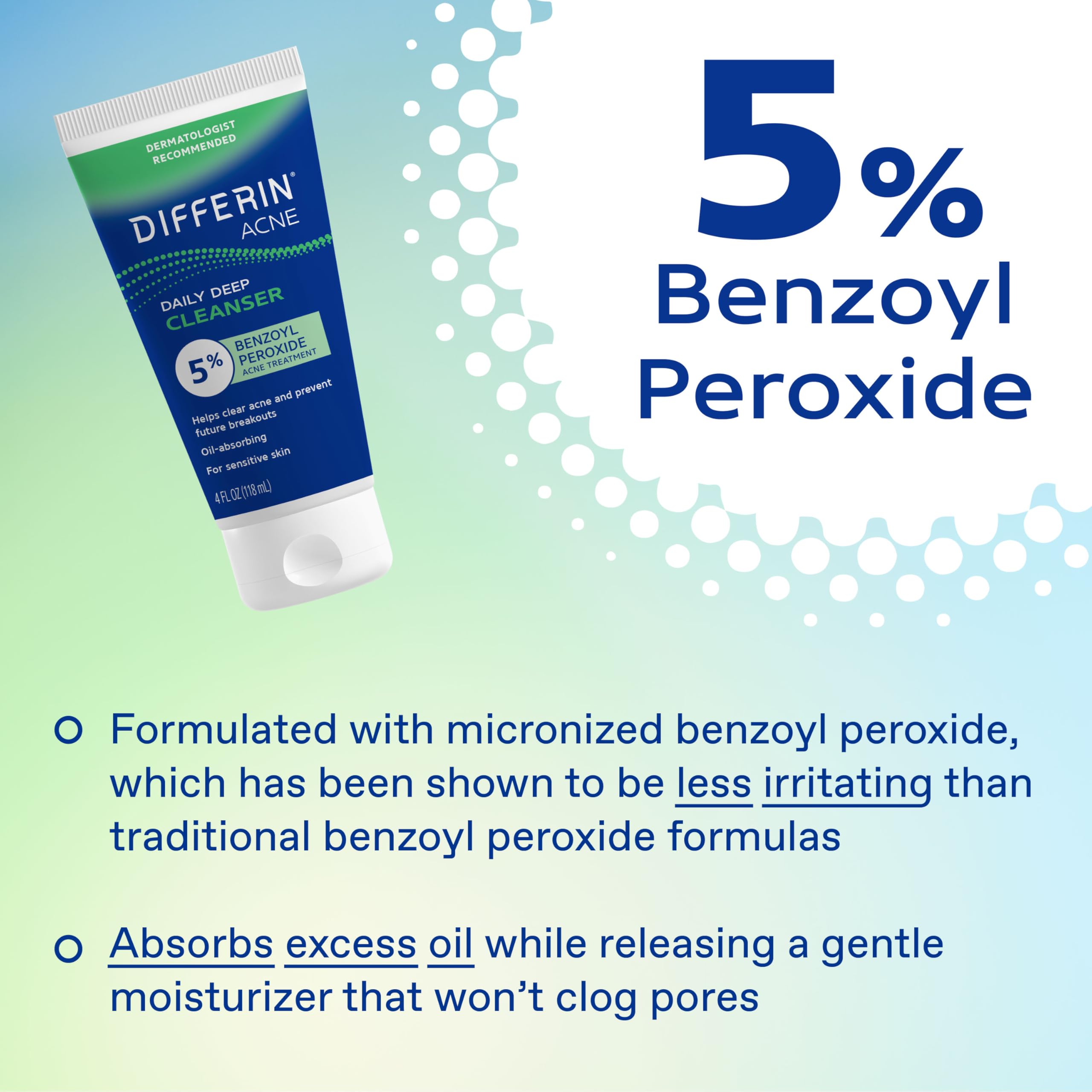 Differin with key ingredient display emphasizing 5% benzoyl peroxide strength
