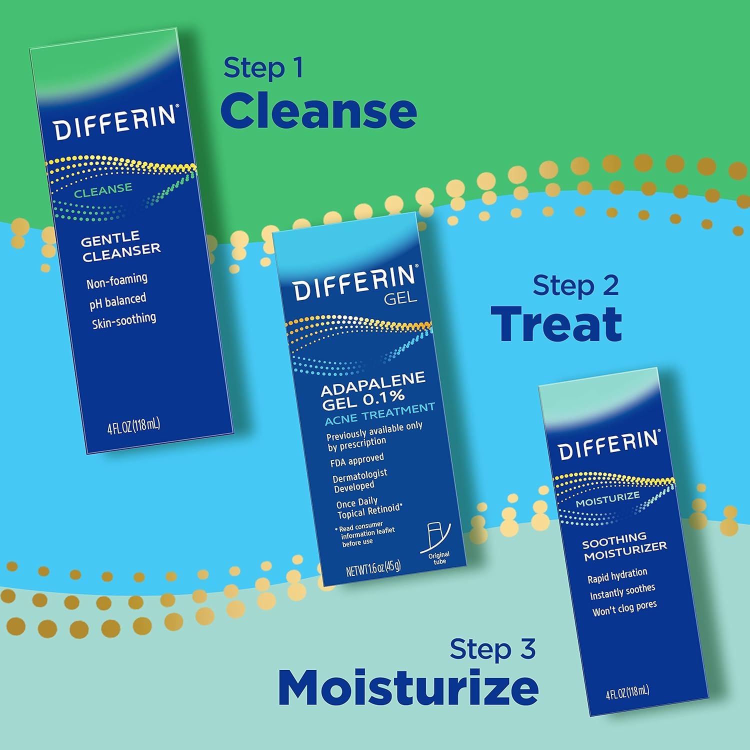 Differin ingredient panel label highlighting omissions and gentle formulation benefit