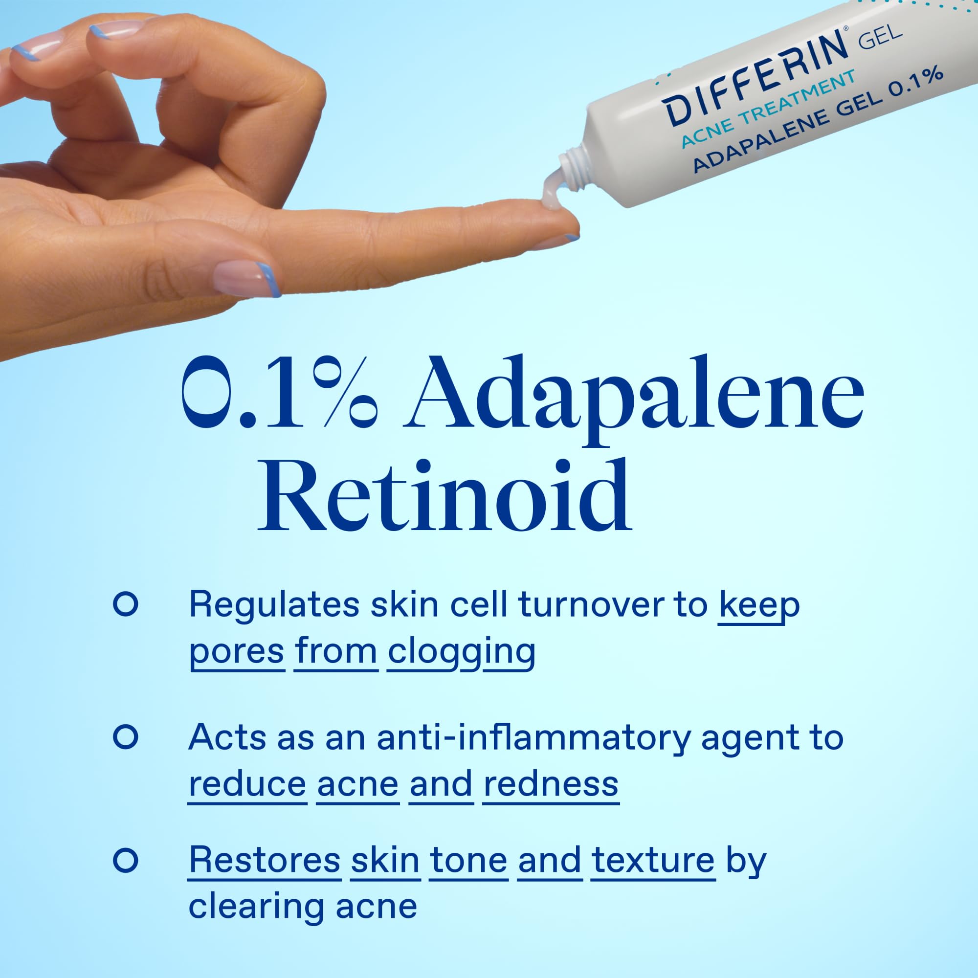Differin ingredients panel closeup emphasizing fragrance‑free, non‑comedogenic