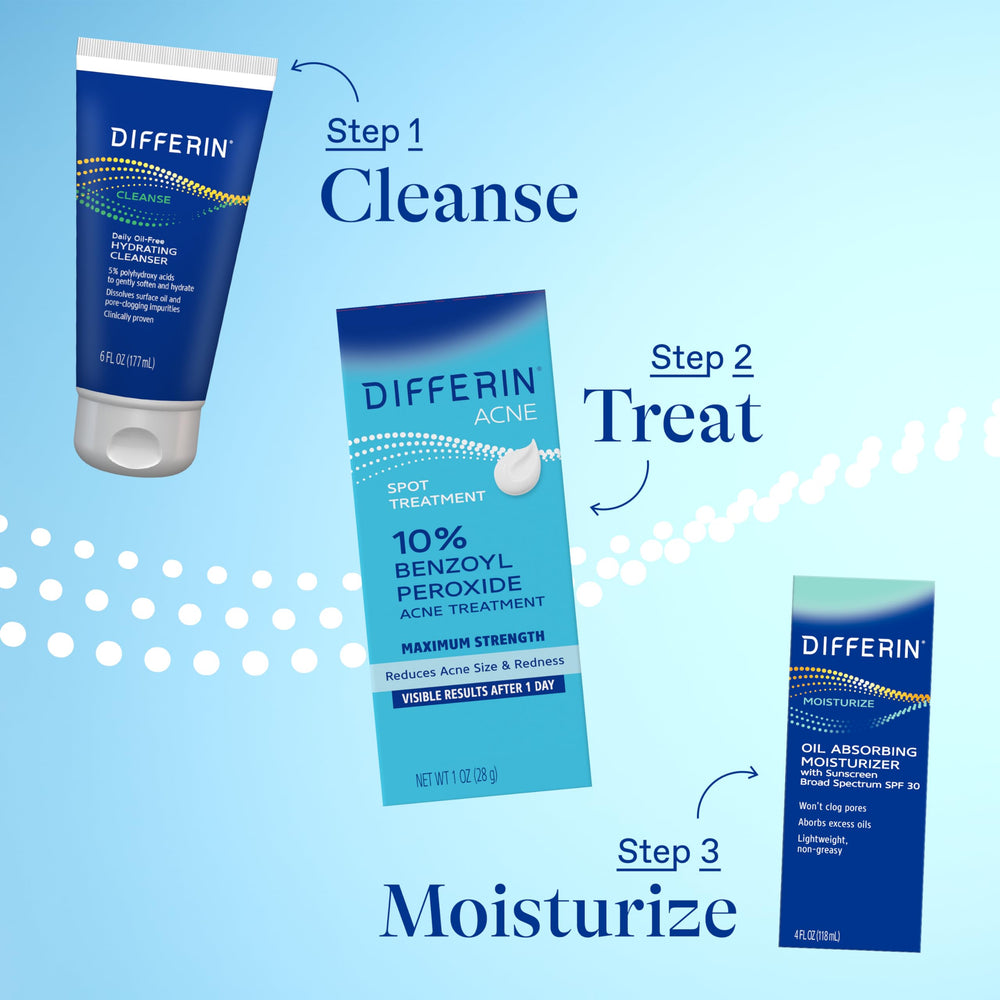 Differin label ingredients detail highlighting benzoyl peroxide concentration and glycerin benefit