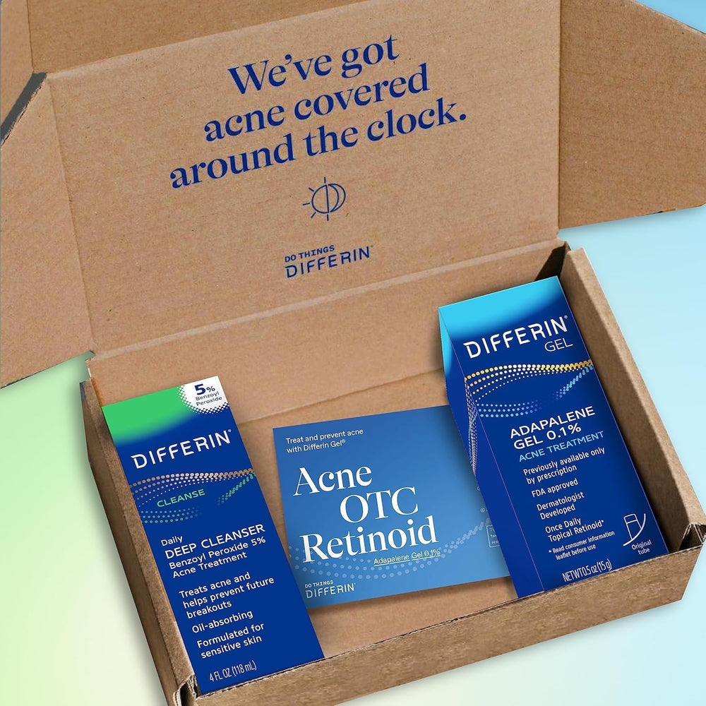 Differin kit on a bathroom shelf in a lifestyle scene showing daily routine readiness
