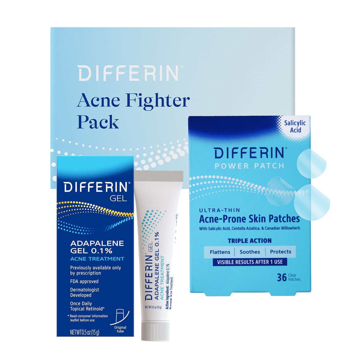 Differin pack front view showing gel tube and patches for clear treatment