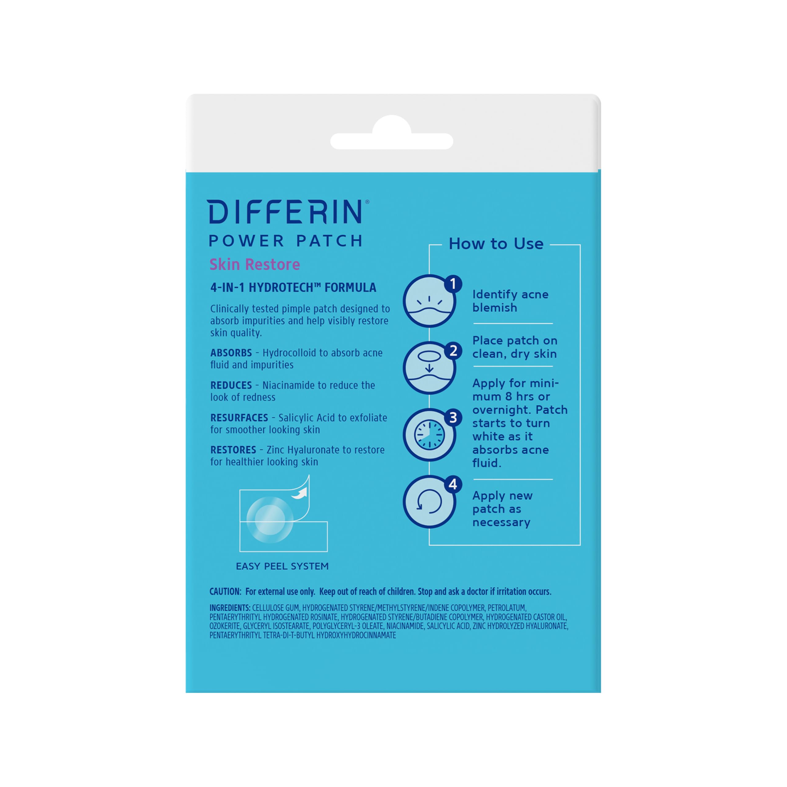 Differin packaging back with instructions showing easy application benefit