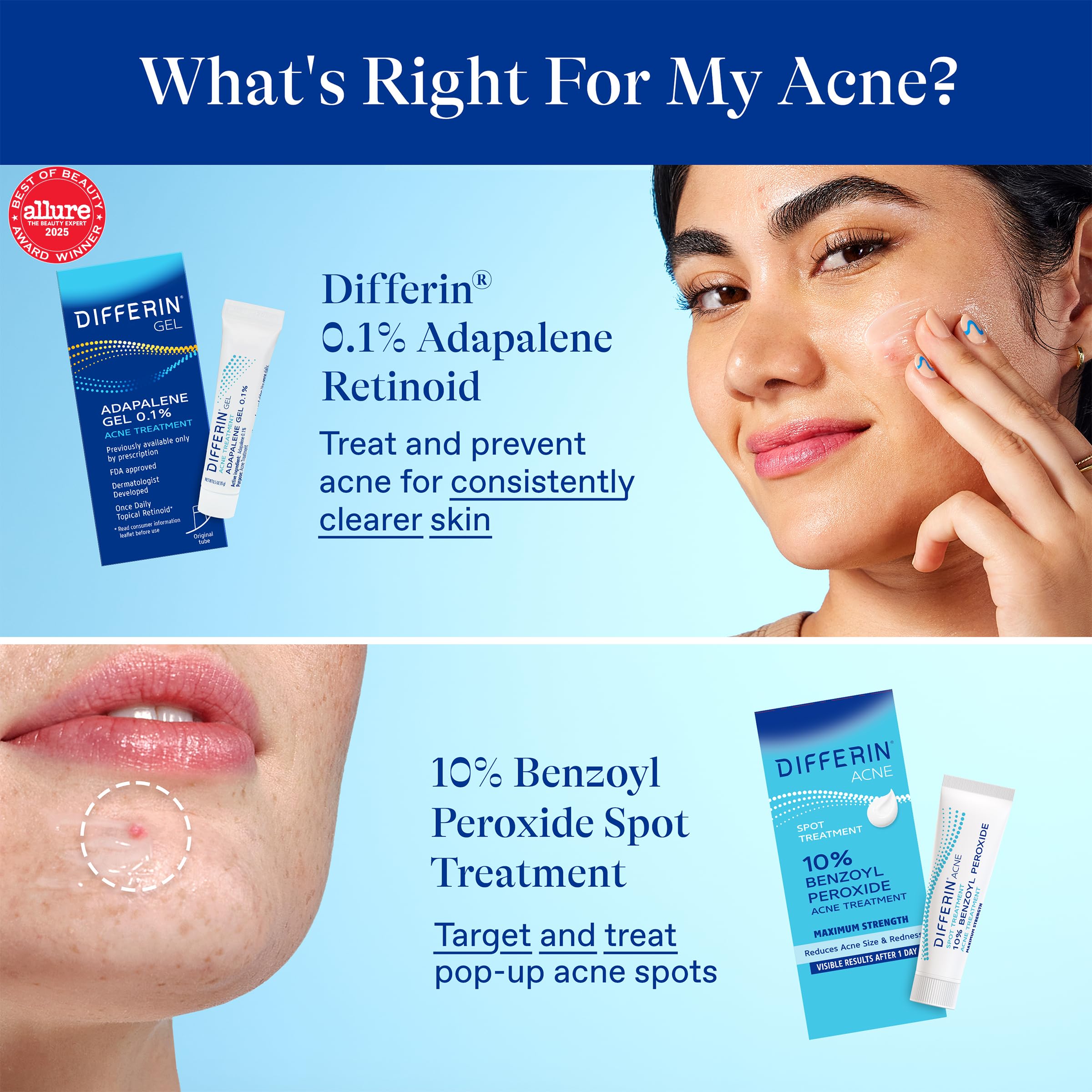 Differin sample on cheek in use showing targeted application to a facial blemish for fast action