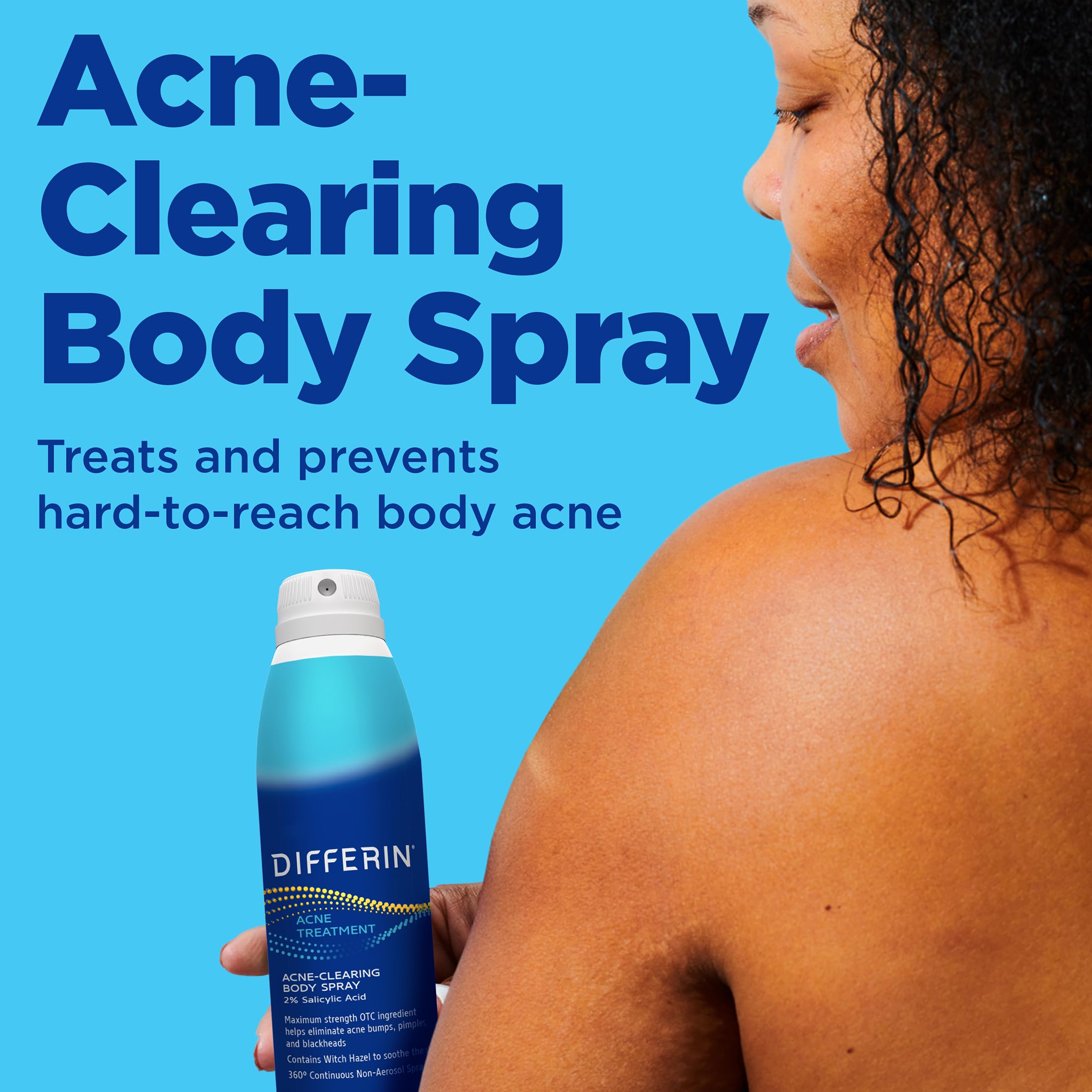 Differin spray nozzle angled to show 360° continuous spray, reaches hard-to-reach areas