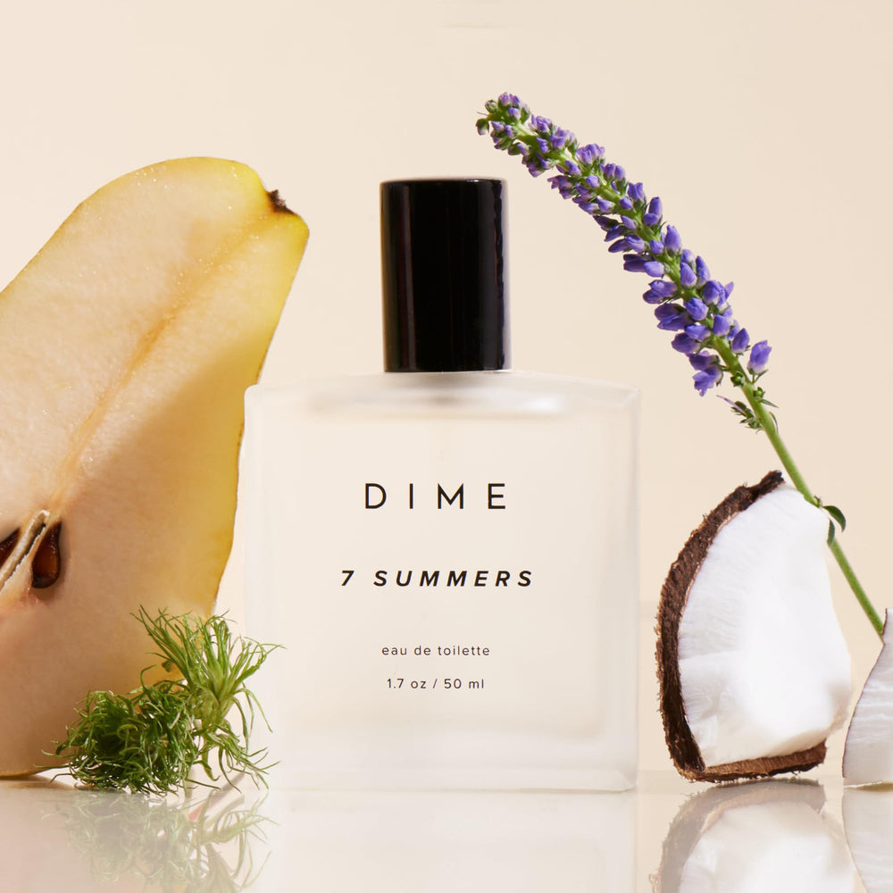 DIME 7 Summers top notes image highlighting bright daytime vibe from bergamot, pear, lavender.