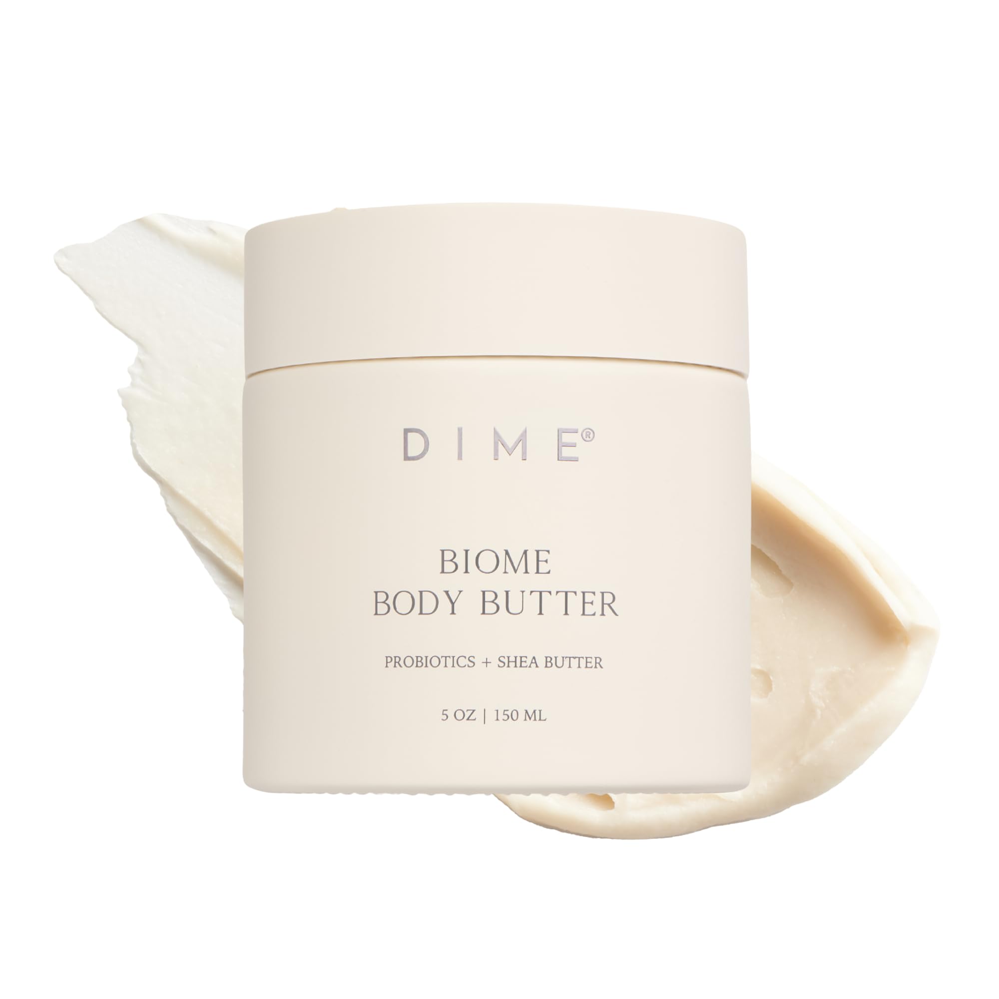 DIME Beauty Biome Body Butter jar with whipped texture for deep hydration.
